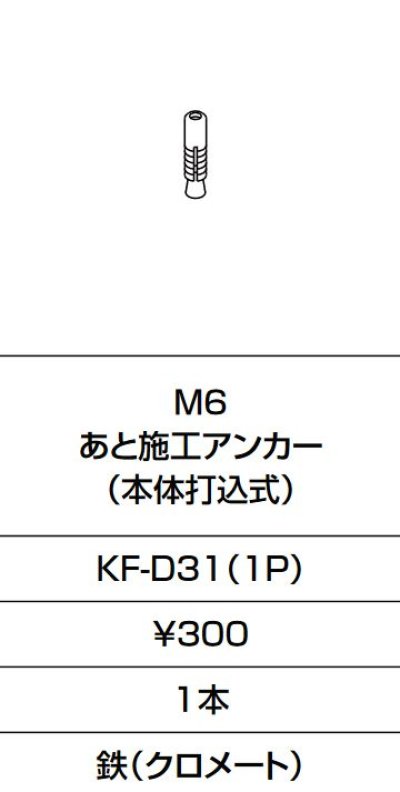 画像1: INAX/LIXIL　KF-D31(1P)　固定金具 M6 あと施工アンカー(本体打込式)  [□]