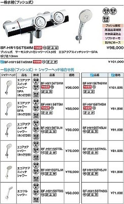 画像2: INAX/LIXIL　BF-HW156TNSM　水栓金具 洗い場専用 プッシュ式 サーモスタット付シャワーバス水栓 エコアクアシャワーSPA 寒冷地 逆止弁付 めっき仕様  受注生産品 [★§]
