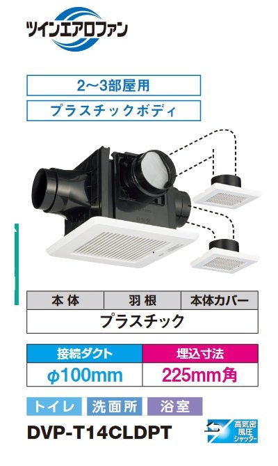 人気商品の 東芝 トイレ 洗面所 浴室用 φ100mm 225mm角 ダクト用換気扇 低騒音形〔２部屋用〕 スタンダード格子 ＤＶＰ−Ｔ１４Ｌ 