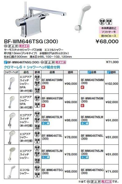 画像2: INAX/LIXIL　BF-WM646TSMM(300)　水栓金具 サーモスタット付シャワーバス水栓 エコアクアスイッチシャワーSPAメッキ仕様 クロマーレＳ [★]