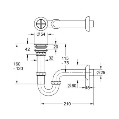 画像2: グローエ　JPK09500　パーツ 手洗器用 排水金具 Pトラップ付 目皿なし トラップ寸法210mm クローム [■]