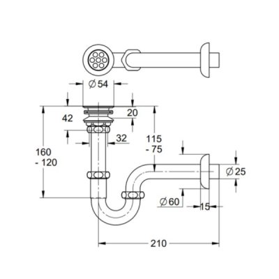 画像3: グローエ　JPK05500　パーツ 手洗器用 排水金具 Pトラップ付 目皿付 トラップ寸法210mm クローム [■]