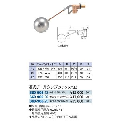 画像2: 水栓金具 カクダイ 660-906-25 複式ボールタップ ステンレス玉