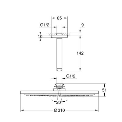 画像2: グローエ 26067AL0J シャワー＆シャワーシステム モダン オーバーヘッドシャワー 310mm 天井付けシャ ワーアームセット(ブラッシュドハードグラファイト)