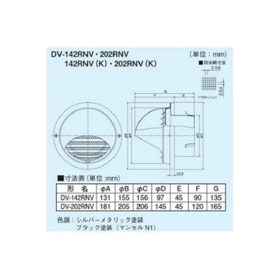 画像2: 日本キヤリア/旧東芝 換気扇 システム部材 丸型パイプフード 【DV-202RNV（K）】 φ150用 ステンレス製（ガラリ・防虫網付） ブラックシリーズ