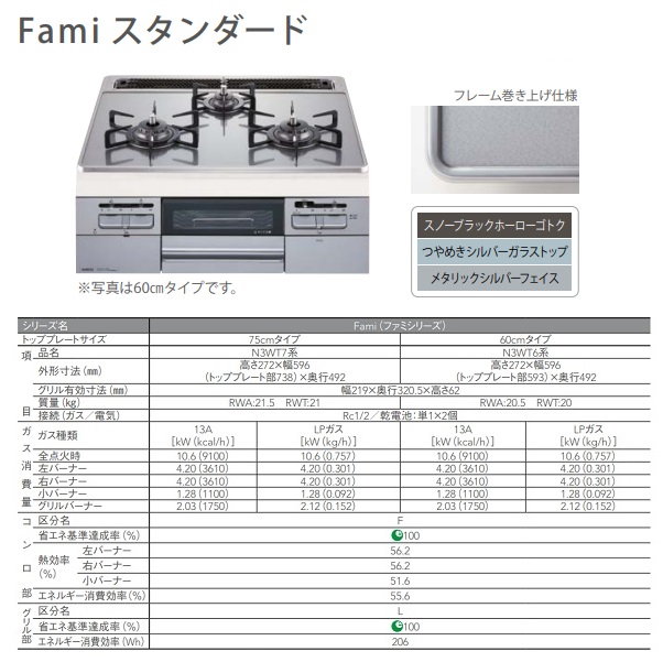 ノーリツ 【N3WT6RWTNASI 都市ガス用】ビルトインコンロ Fami スタンダード 60cmタイプ 3口 [♪] - まいどDIY