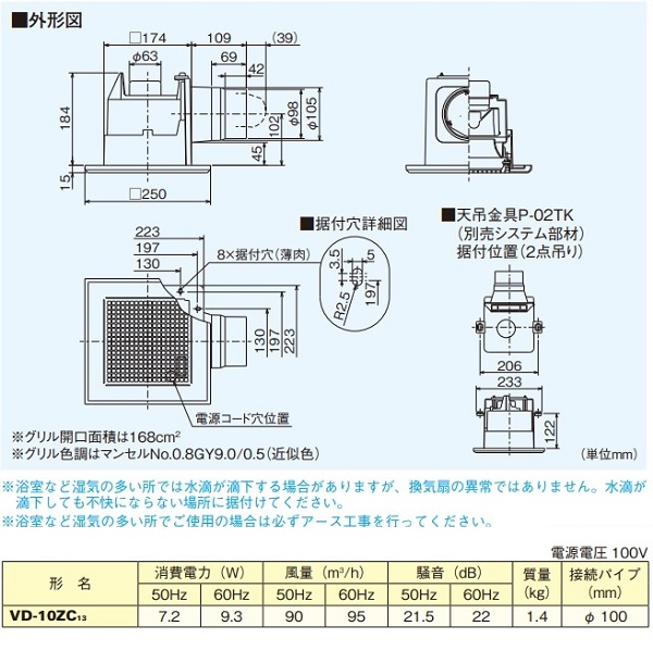 工事費込みセット 天井埋込形換気扇 浴室換気扇 1室換気 三菱 VD-13ZSC13 浴室・トイレ・洗面所（居間・事務所・店舗）用 - 4