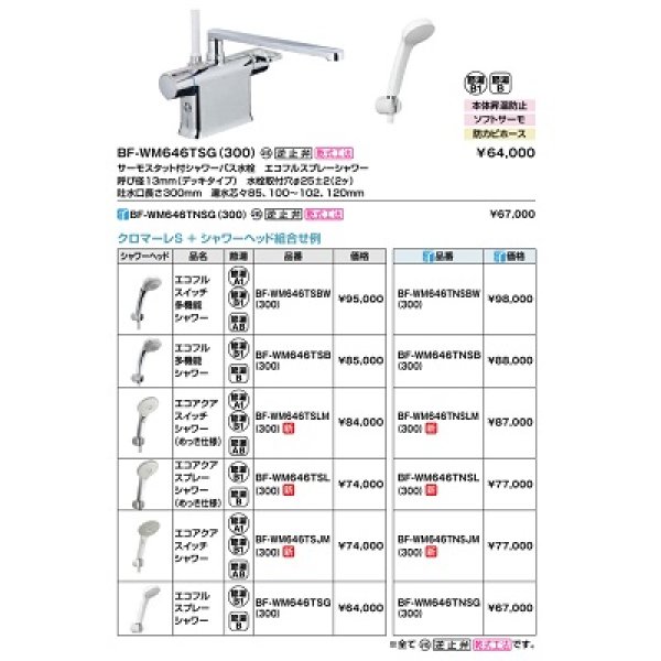 画像2: INAX/LIXIL　BF-WM646TNSJM(300)　サーモスタット付シャワーバス水栓 クロマーレS デッキタイプ エコアクアスイッチシャワー 逆止弁付 寒冷地用 [★] (2)