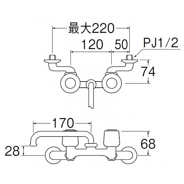 画像2: 水栓金具 三栄水栓　K21-W-13　壁付ツーバルブ ツーバルブ混合栓 共用形 キッチン用 (2)