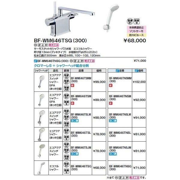 画像2: INAX/LIXIL　BF-WM646TSM(300)　水栓金具 サーモスタット付シャワーバス水栓 エコアクアシャワーSPAメッキ仕様 クロマーレＳ [★] (2)