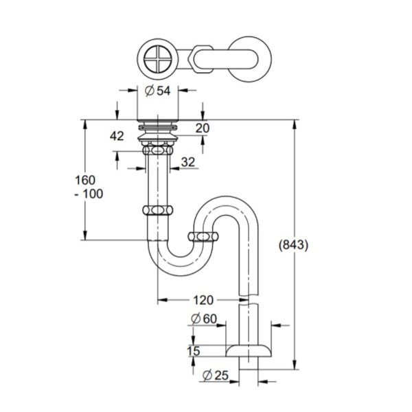 画像2: グローエ　JPK09601　パーツ 手洗器用 排水金具 Sトラップ付 目皿なし トラップ寸法843mm クローム [■] (2)