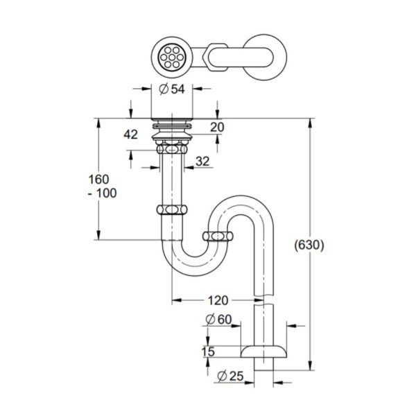 画像3: グローエ　JPK05600　パーツ 手洗器用 排水金具 Sトラップ付 目皿付 トラップ寸法630mm クローム [■] (3)