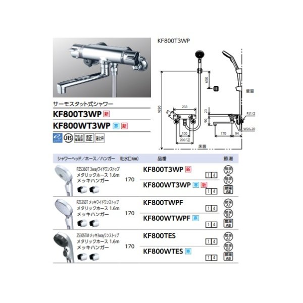 画像2: KVK KF800T3WP 壁付サーモスタット式シャワー メッキ3wayワイドワンストップシャワーヘッド付 (2)