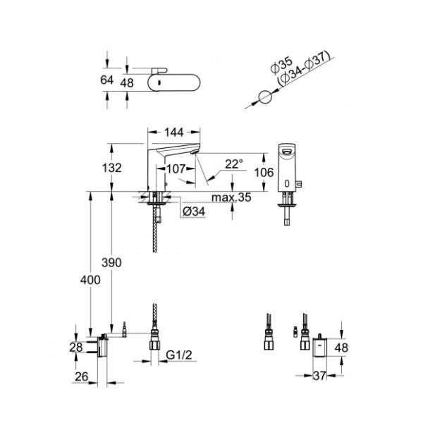 画像2: グローエ JP210801 洗面用水栓 ユーロスマートコスモポリタンE 自動混合栓(引棒なし) (2)