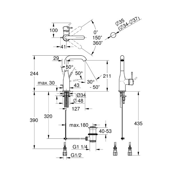 画像2: グローエ 32628AL1J 洗面用水栓 シングルレバー洗面混合栓(引棒付)(ブラッシュドハードグラファイト) (2)