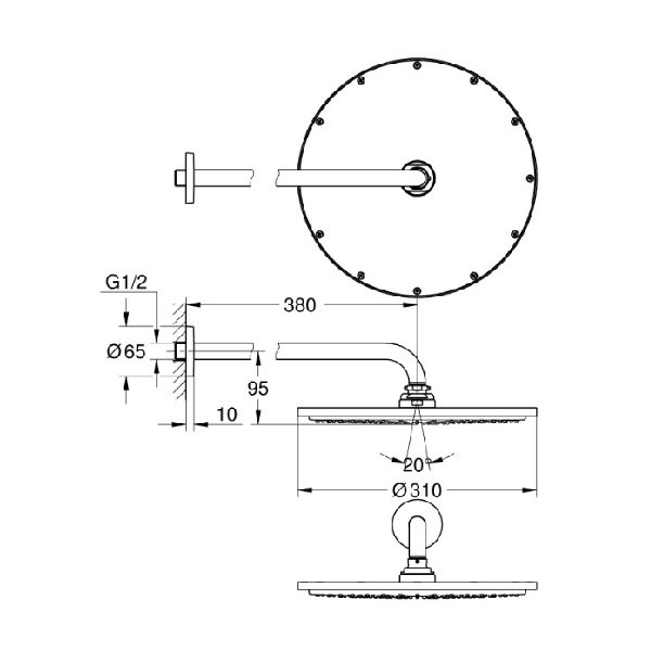 画像2: グローエ 26066DC0Jシャワー＆シャワーシステム モダン オーバーヘッドシャワー 310mm 壁付けシャ ワーアームセット(スーパースチール) ※受注生産品 § (2)
