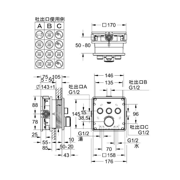画像2: グローエ 29126GN0J 浴室用水栓 スマートコントロール サーモスタット 3バルブ混合栓 スクエアタイプ ブラッシュドクールサンライズ ♪ (2)