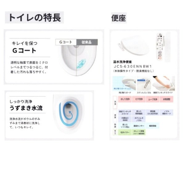 画像4: ジャニス工業 便器 + タンク + 温水洗浄便座 [SC0812-PGB + SV2003-0EH + JCS-630ENN BW1] 壁排水タイプ 手洗無 袖操作 ピュアホワイト BMシリーズ ♪ (4)