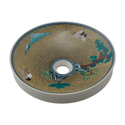 画像1: 洗面所　カクダイ　493-224-Y 丸型手洗器 九谷焼 吉田松鶴図 [♪] (1)