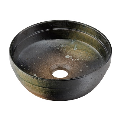 画像1: カクダイ 493-276-GR 洗面所 丸型手洗器 和風 瑠珠 陶器製 信楽焼 置型 葉洩 [♪」 (1)